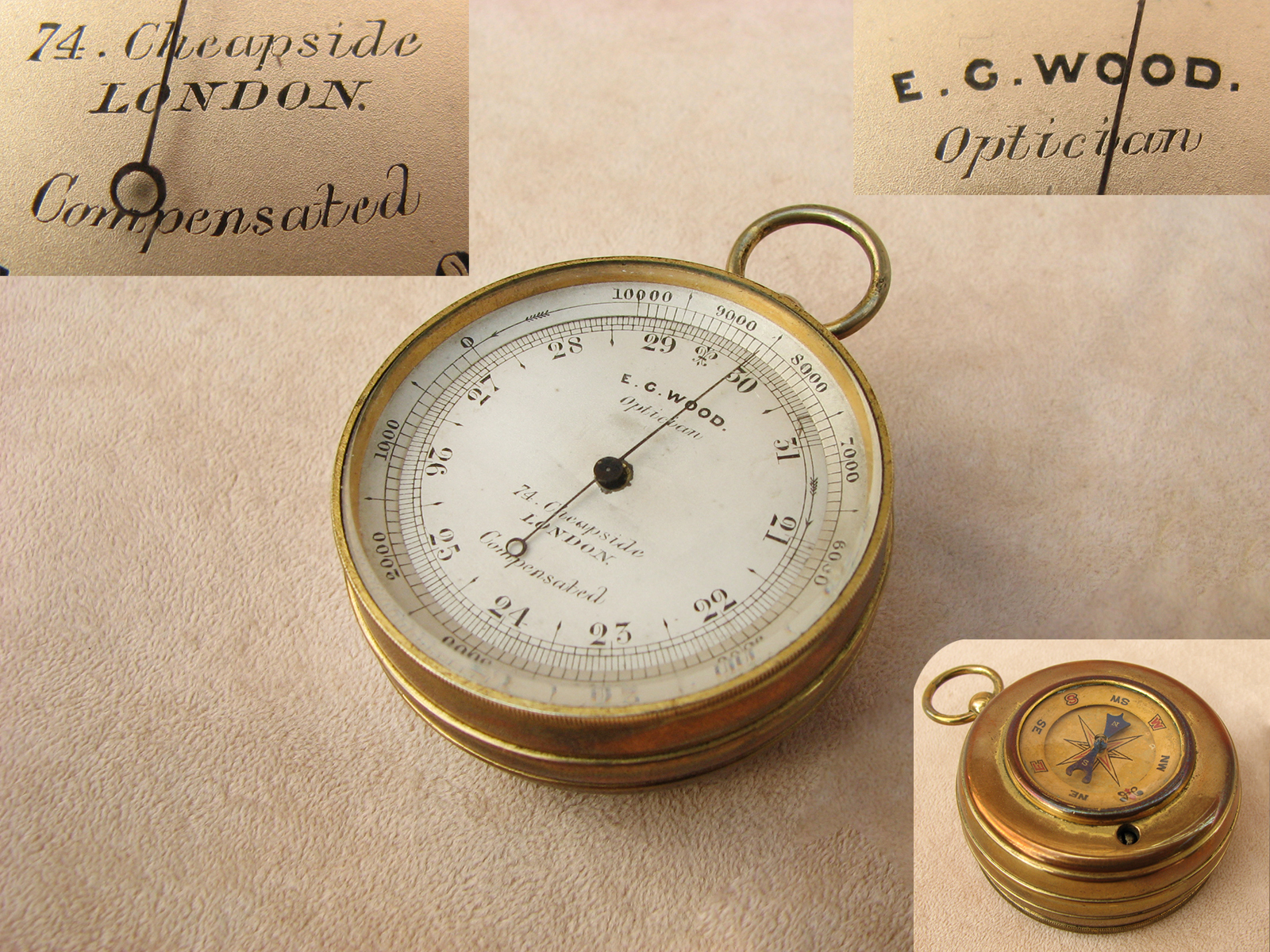 E.G. Wood 19th century pocket barometer and compass combination